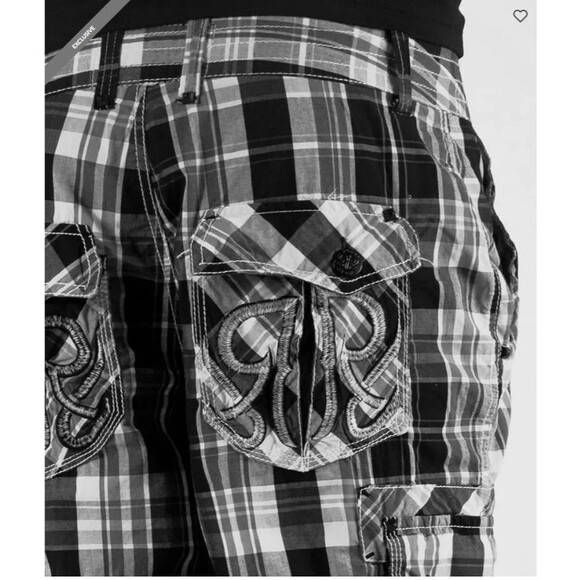 Y2K ROAR Mens Cargo Shorts Embroidered Plaid Black Utility Grunge Skater Size 33 - Picture 6 of 16